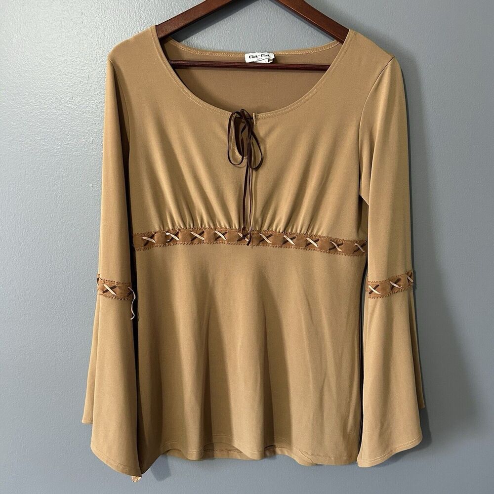 Click Click Top Womens Size XL Bell Sleeves Suede Leather Stitch Western Cowgirl